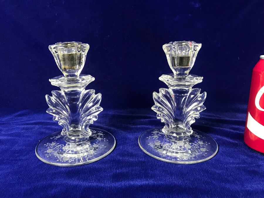 Pair Of Etched Glass Candle Holders [Photo 1]