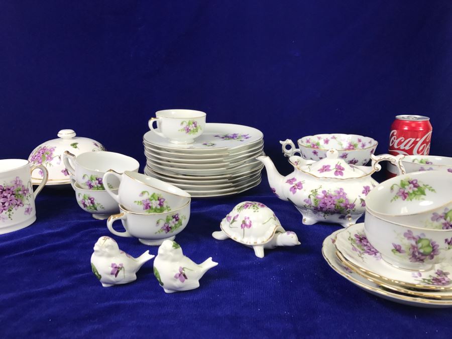 Bone China Set By Hammersley 'Victorian Violets' Made In England Plus Piece Of China In Same Pattern Made In Occupied Japan
