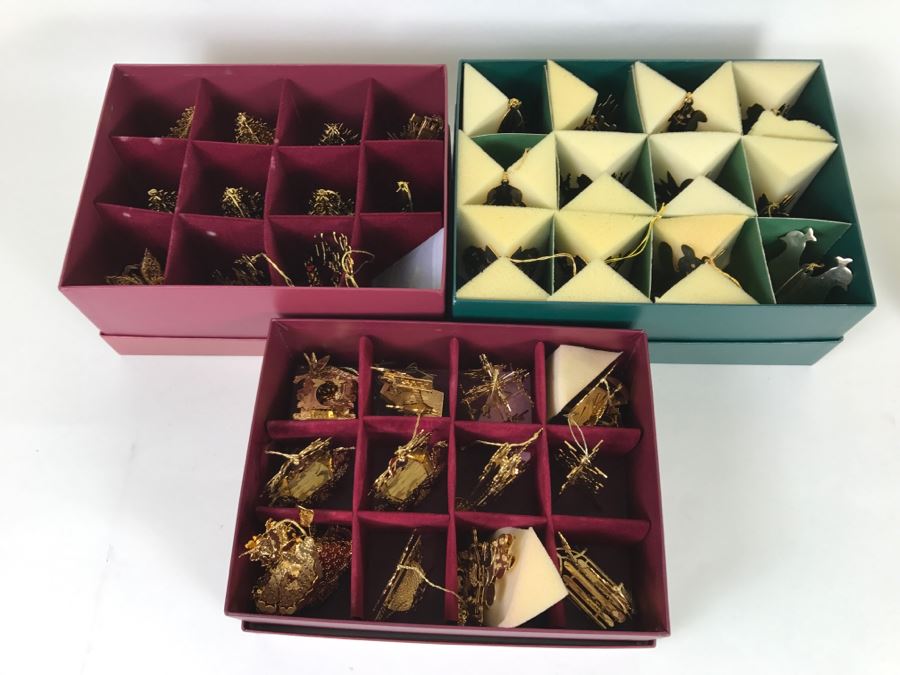 Large Collection Of Gold Christmas Ornaments From The Danbury Mint - Four Boxes Filled