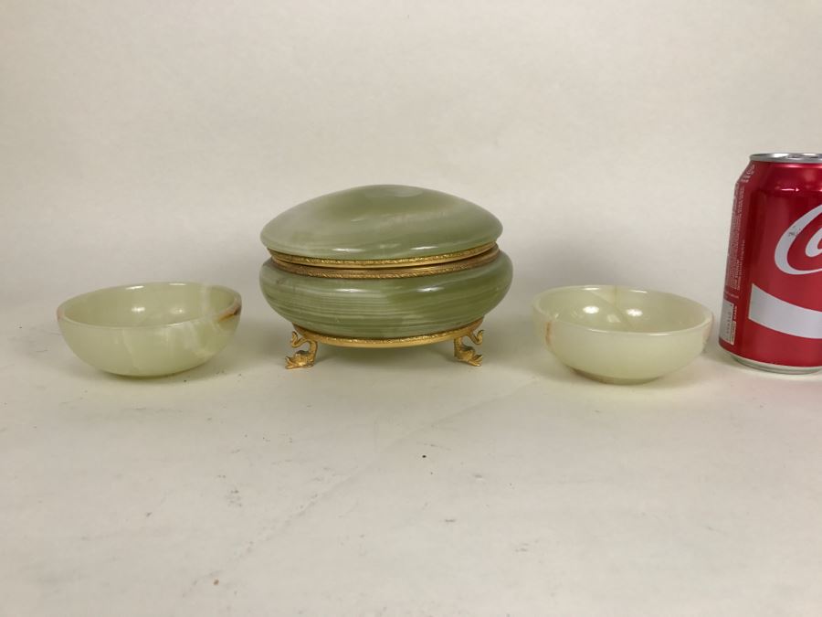 Carved Onyx Lidded Bowl With Gold Trim And Feet Made In Italy For GUMPS And (2) Carved Stone Bowls [Photo 6]