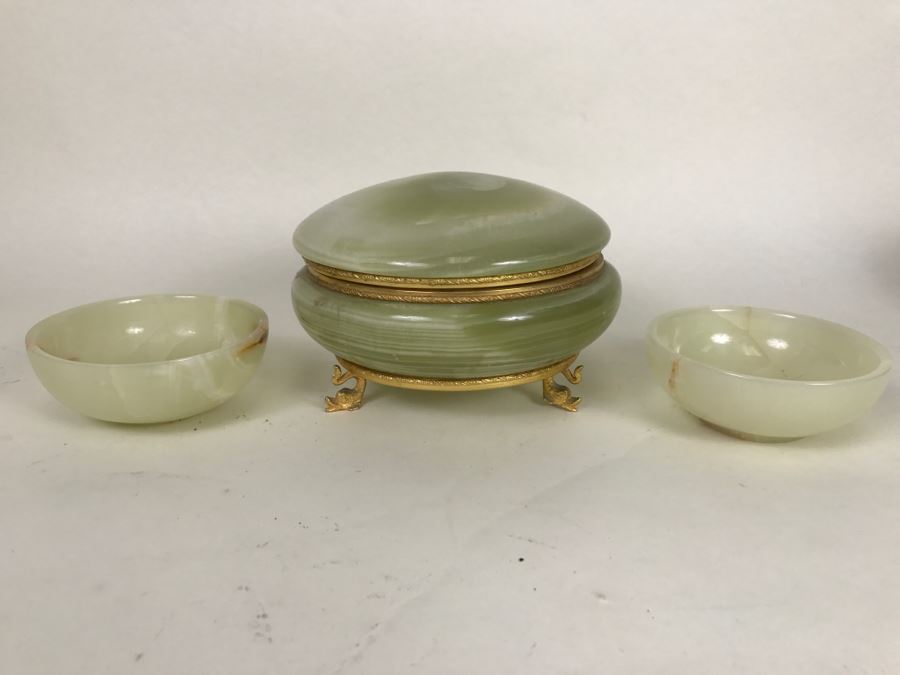 Carved Onyx Lidded Bowl With Gold Trim And Feet Made In Italy For GUMPS And (2) Carved Stone Bowls [Photo 1]