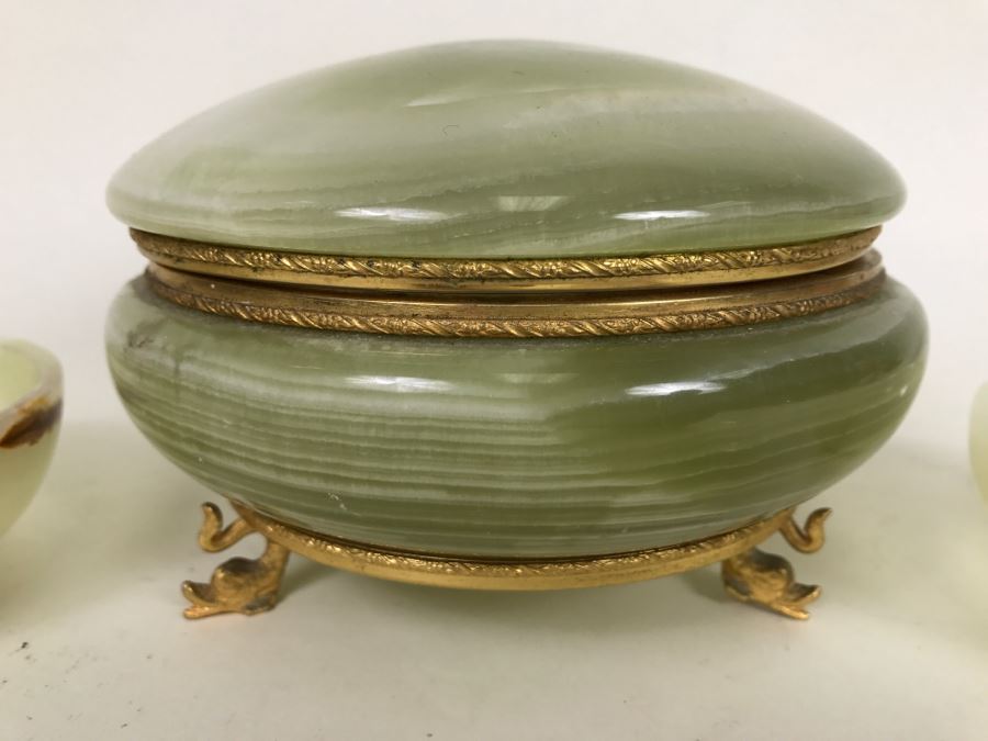 Carved Onyx Lidded Bowl With Gold Trim And Feet Made In Italy For GUMPS And (2) Carved Stone Bowls [Photo 2]