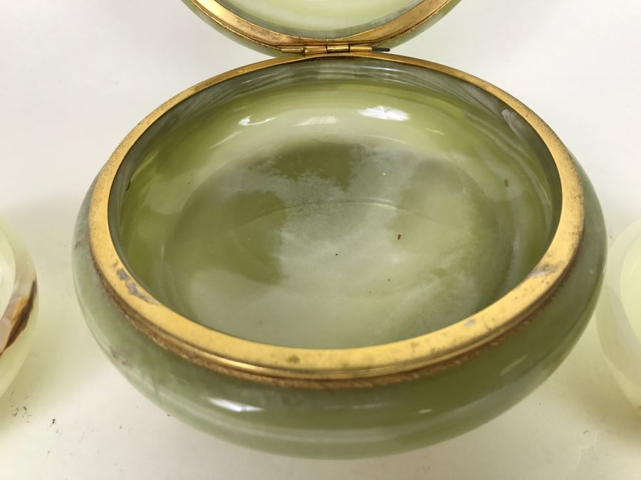Carved Onyx Lidded Bowl With Gold Trim And Feet Made In Italy For GUMPS And (2) Carved Stone Bowls [Photo 9]