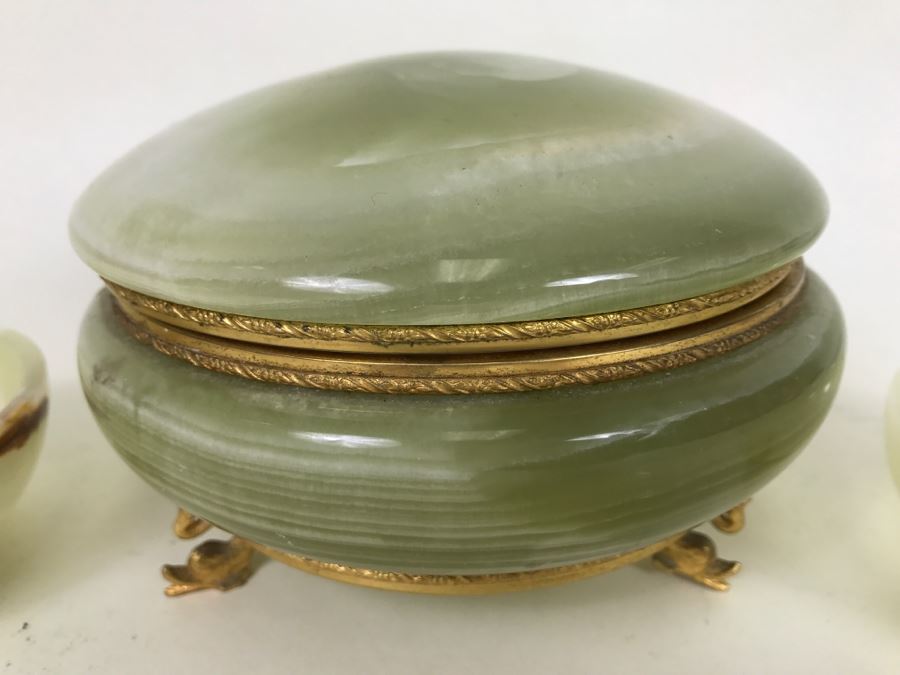 Carved Onyx Lidded Bowl With Gold Trim And Feet Made In Italy For GUMPS And (2) Carved Stone Bowls [Photo 8]