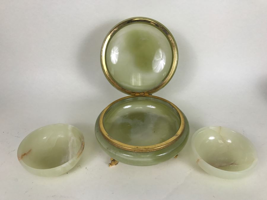 Carved Onyx Lidded Bowl With Gold Trim And Feet Made In Italy For GUMPS And (2) Carved Stone Bowls [Photo 4]