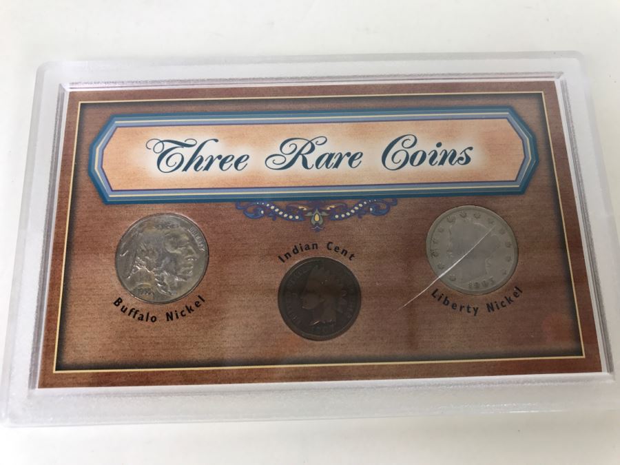 Three Rare Coins - Buffalo Nickel, Indian Cent And Liberty Nickel In Plastic Display Case [Photo 1]