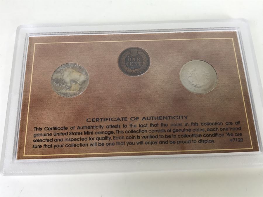 Three Rare Coins - Buffalo Nickel, Indian Cent And Liberty Nickel In Plastic Display Case [Photo 6]