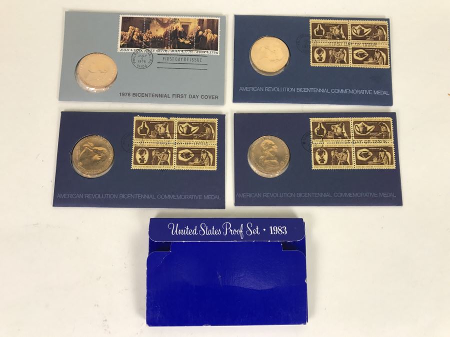 1983 United States Proof Set + (1) 1976 Bicentennial First Day Cover + (3) American Revolution Bicentennial Commemorative Medals