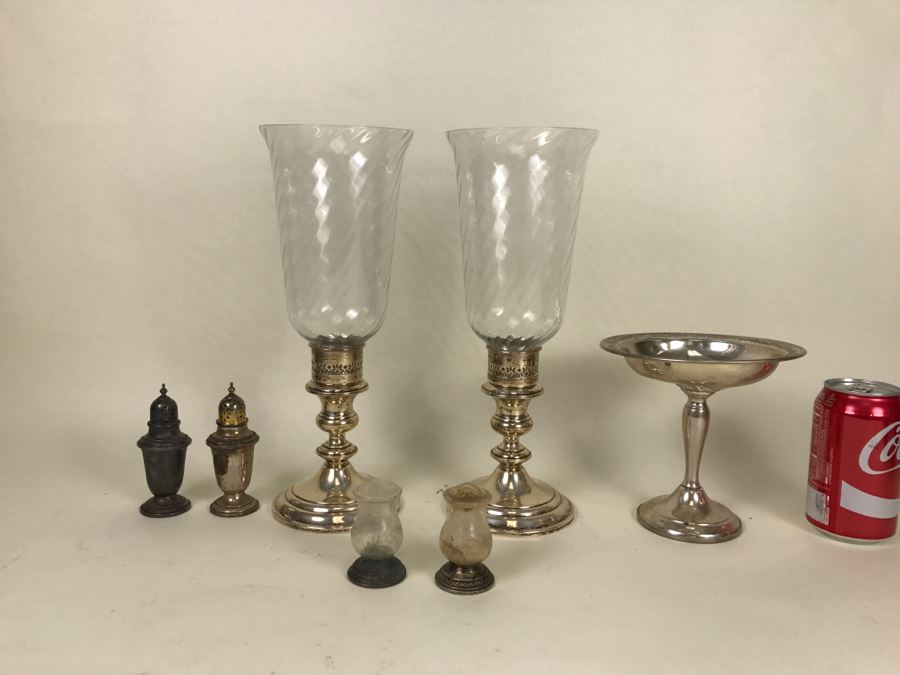 Sterling Silver Lot Includes GORHAM Sterling Weighted Candle Holders With Spiral Glass Hurricanes, Sterling Salt & Pepper Shakers Plus Damaged Sterling Footed Bowl [Photo 1]