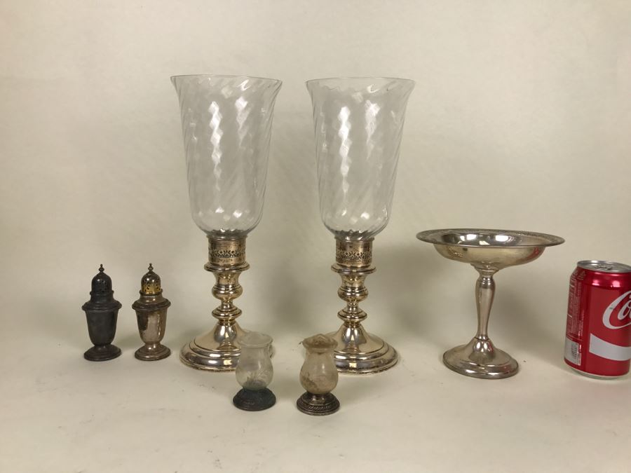 Sterling Silver Lot Includes GORHAM Sterling Weighted Candle Holders With Spiral Glass Hurricanes, Sterling Salt & Pepper Shakers Plus Damaged Sterling Footed Bowl [Photo 3]
