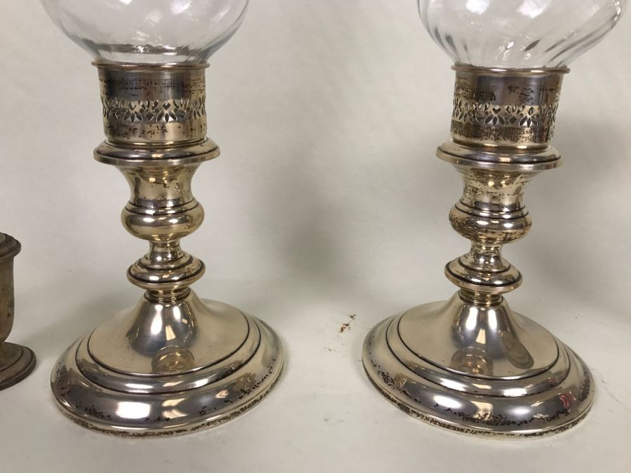 Sterling Silver Lot Includes GORHAM Sterling Weighted Candle Holders With Spiral Glass Hurricanes, Sterling Salt & Pepper Shakers Plus Damaged Sterling Footed Bowl [Photo 9]
