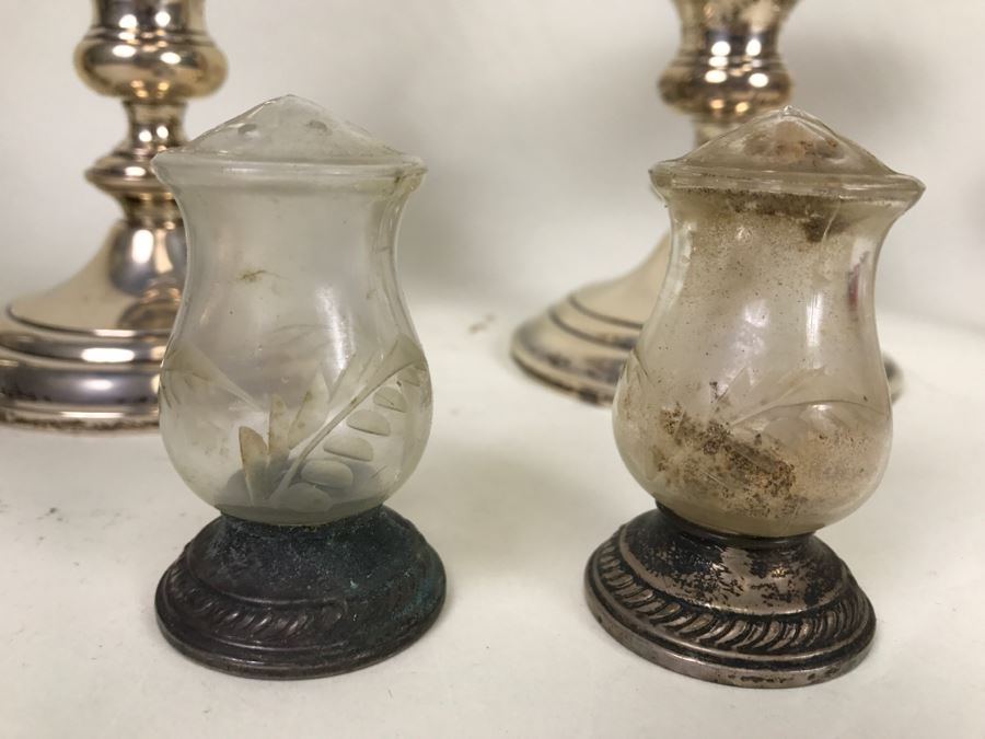Sterling Silver Lot Includes GORHAM Sterling Weighted Candle Holders With Spiral Glass Hurricanes, Sterling Salt & Pepper Shakers Plus Damaged Sterling Footed Bowl [Photo 5]