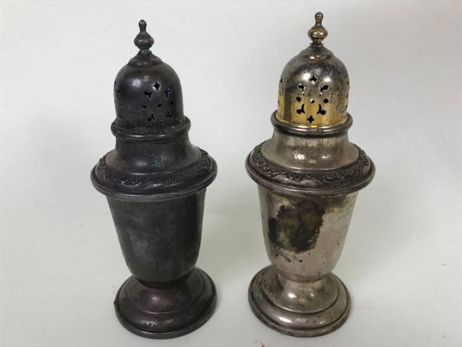 Sterling Silver Lot Includes GORHAM Sterling Weighted Candle Holders With Spiral Glass Hurricanes, Sterling Salt & Pepper Shakers Plus Damaged Sterling Footed Bowl [Photo 19]