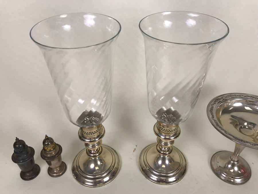 Sterling Silver Lot Includes GORHAM Sterling Weighted Candle Holders With Spiral Glass Hurricanes, Sterling Salt & Pepper Shakers Plus Damaged Sterling Footed Bowl [Photo 10]