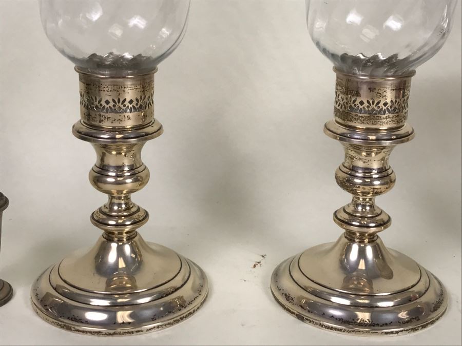 Sterling Silver Lot Includes GORHAM Sterling Weighted Candle Holders With Spiral Glass Hurricanes, Sterling Salt & Pepper Shakers Plus Damaged Sterling Footed Bowl [Photo 7]