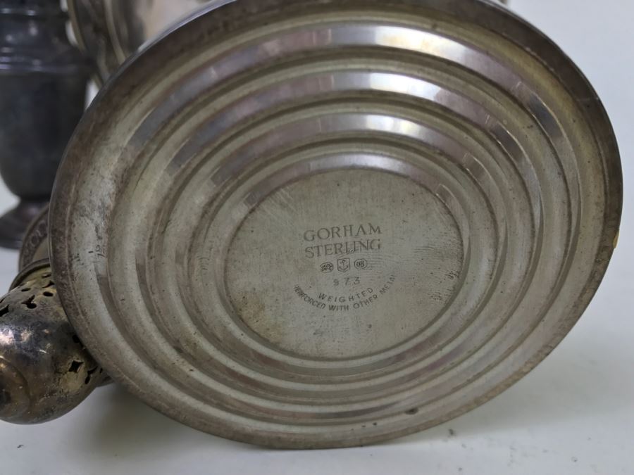 Sterling Silver Lot Includes GORHAM Sterling Weighted Candle Holders With Spiral Glass Hurricanes, Sterling Salt & Pepper Shakers Plus Damaged Sterling Footed Bowl [Photo 17]
