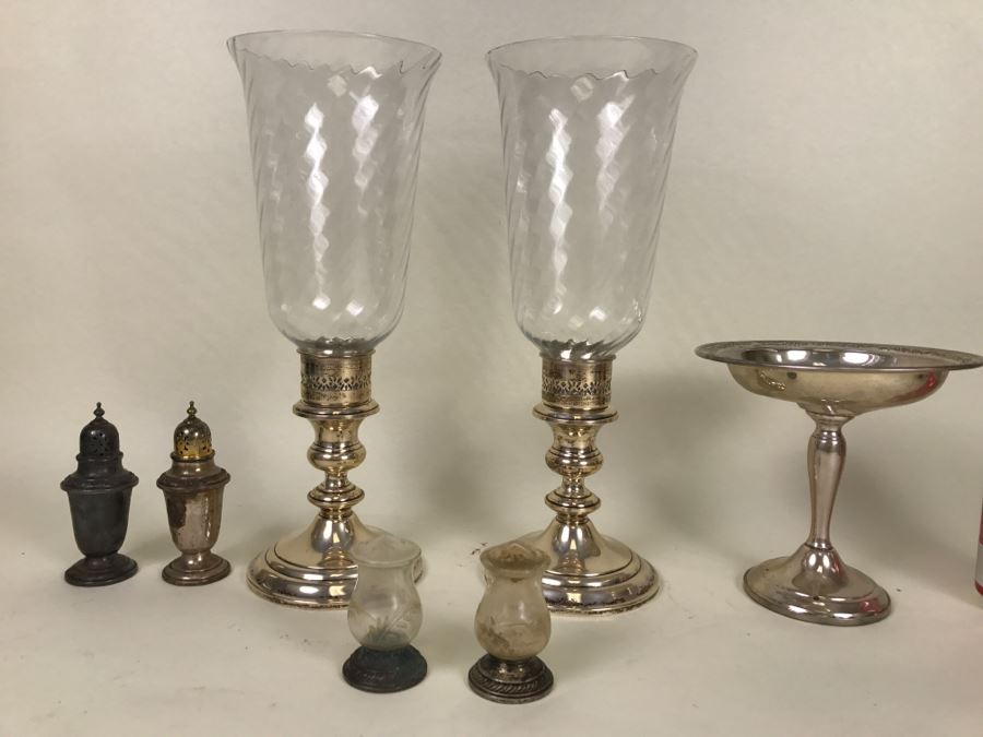 Sterling Silver Lot Includes GORHAM Sterling Weighted Candle Holders With Spiral Glass Hurricanes, Sterling Salt & Pepper Shakers Plus Damaged Sterling Footed Bowl [Photo 4]