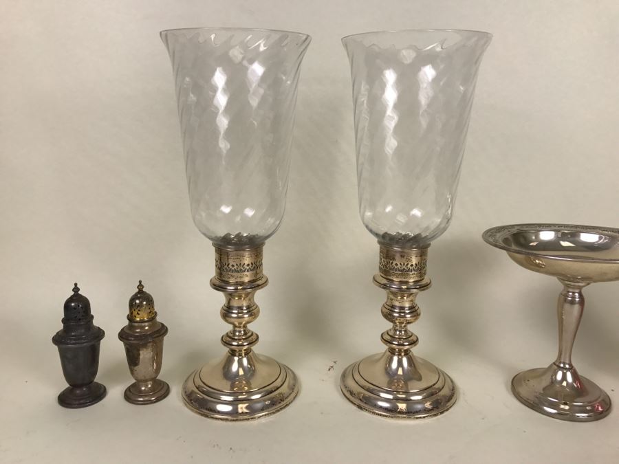 Sterling Silver Lot Includes GORHAM Sterling Weighted Candle Holders With Spiral Glass Hurricanes, Sterling Salt & Pepper Shakers Plus Damaged Sterling Footed Bowl [Photo 8]