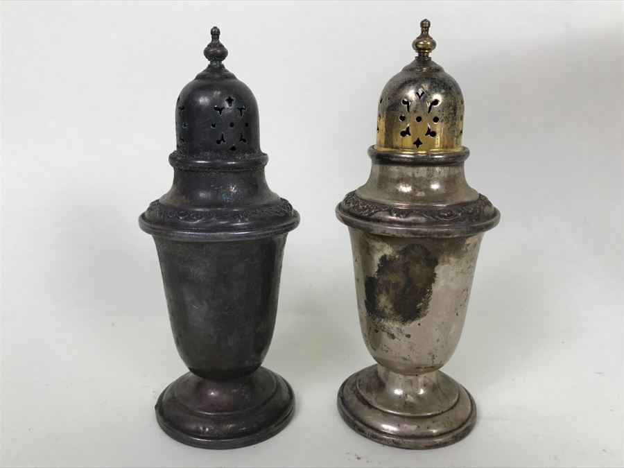 Sterling Silver Lot Includes GORHAM Sterling Weighted Candle Holders With Spiral Glass Hurricanes, Sterling Salt & Pepper Shakers Plus Damaged Sterling Footed Bowl [Photo 18]