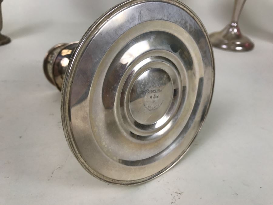 Sterling Silver Lot Includes GORHAM Sterling Weighted Candle Holders With Spiral Glass Hurricanes, Sterling Salt & Pepper Shakers Plus Damaged Sterling Footed Bowl [Photo 11]