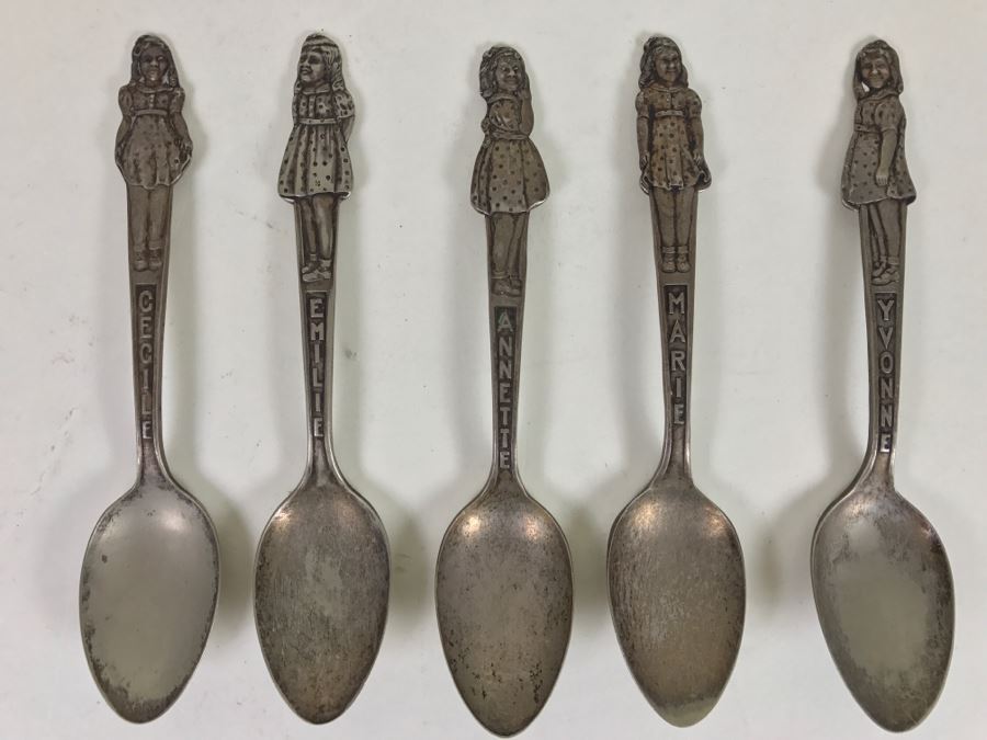 (5) Carlton Silver Plate Spoons Of The Dionne Quintuplets (Sisters) Cecile, Emilie, Annette, Marie, Yvonne [Photo 1]