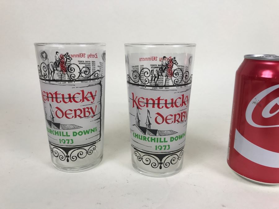 Pair Of Vintage 1973 Kentucky Derby Churchill Downs Glasses With Winners Listed Of Previos Years