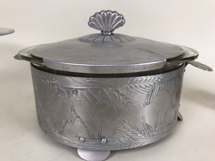 Vintage Cake Stand With Hammered Aluminum Bowl Stand And Cover With Pyrex Bowl [Photo 3]