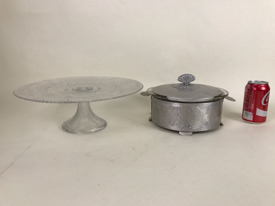 Vintage Cake Stand With Hammered Aluminum Bowl Stand And Cover With Pyrex Bowl