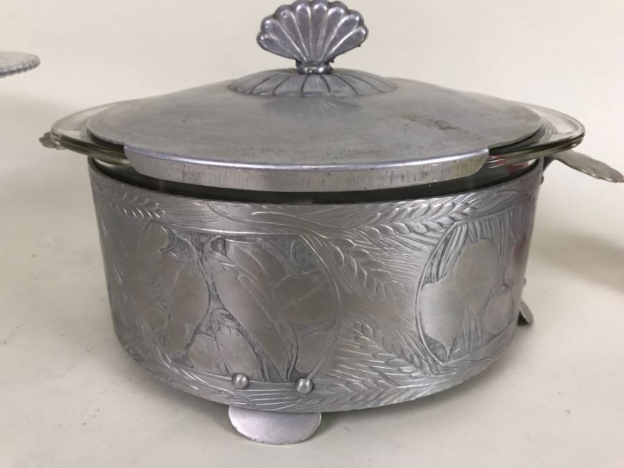 Vintage Cake Stand With Hammered Aluminum Bowl Stand And Cover With Pyrex Bowl [Photo 2]