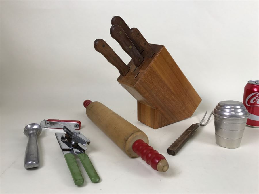 Vintage Kitchen Lot With Kingswood/Action SS Japan Knives, Wooden Rolling Pin And More [Photo 2]