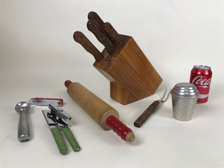 Vintage Kitchen Lot With Kingswood/Action SS Japan Knives, Wooden Rolling Pin And More