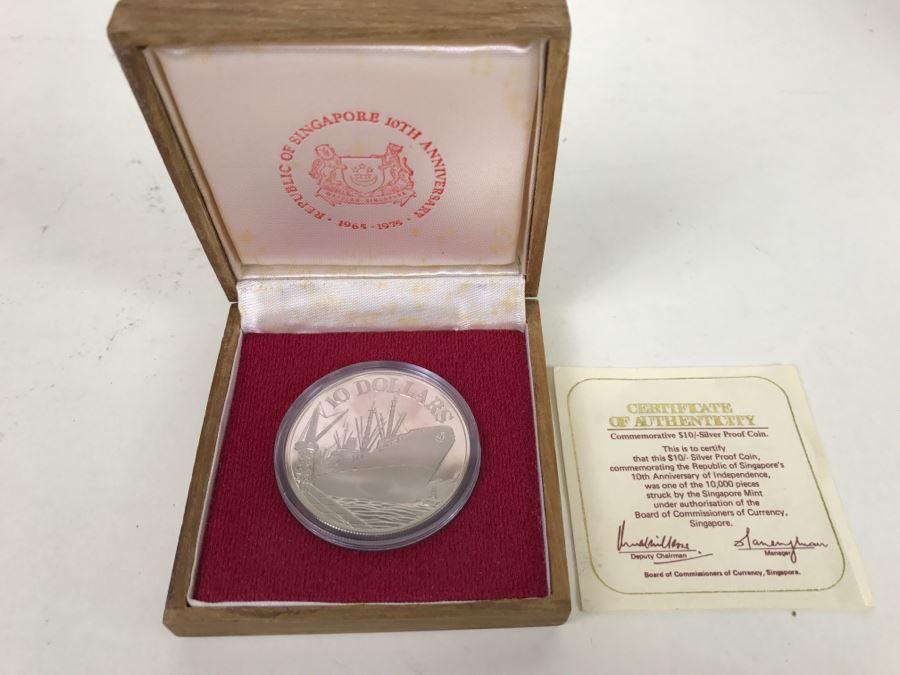 Republic Of Singapore 10th Anniversay Coin 1975 $10 50% Silver Proof Coin 31g