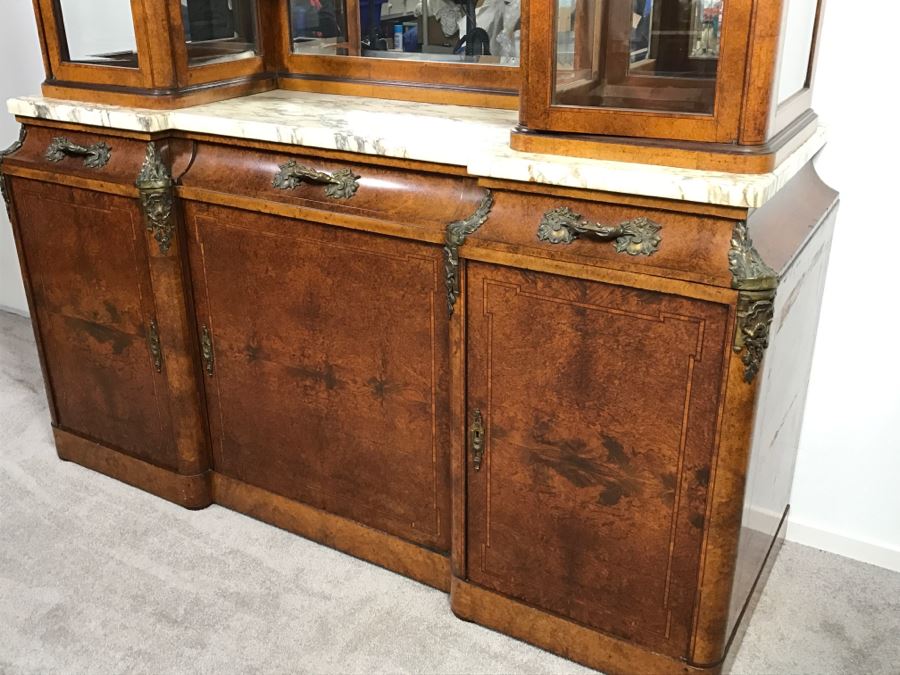 Stunning Antique Cabinet With Marble Top And Hutch - Detailed Wood Inlay And Metal Accents With Skeleton Keys [Photo 2]