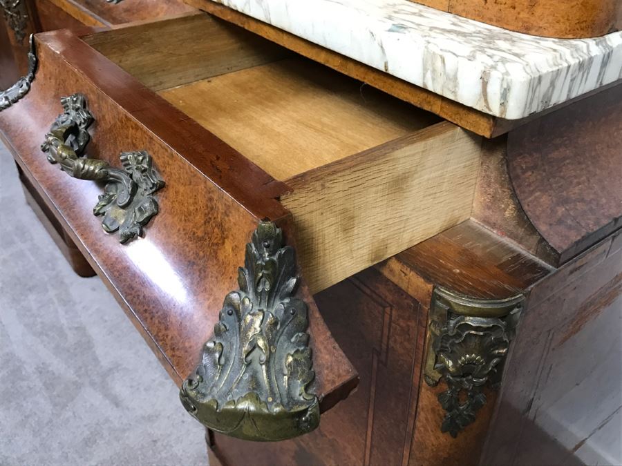 Stunning Antique Cabinet With Marble Top And Hutch - Detailed Wood Inlay And Metal Accents With Skeleton Keys [Photo 11]
