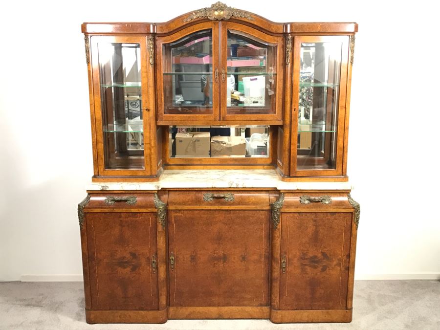 Stunning Antique Cabinet With Marble Top And Hutch - Detailed Wood Inlay And Metal Accents With Skeleton Keys [Photo 4]
