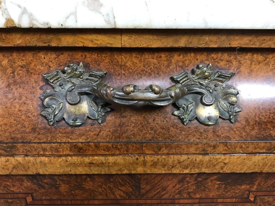 Stunning Antique Cabinet With Marble Top And Hutch - Detailed Wood Inlay And Metal Accents With Skeleton Keys [Photo 10]