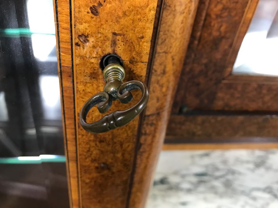 Stunning Antique Cabinet With Marble Top And Hutch - Detailed Wood Inlay And Metal Accents With Skeleton Keys [Photo 20]