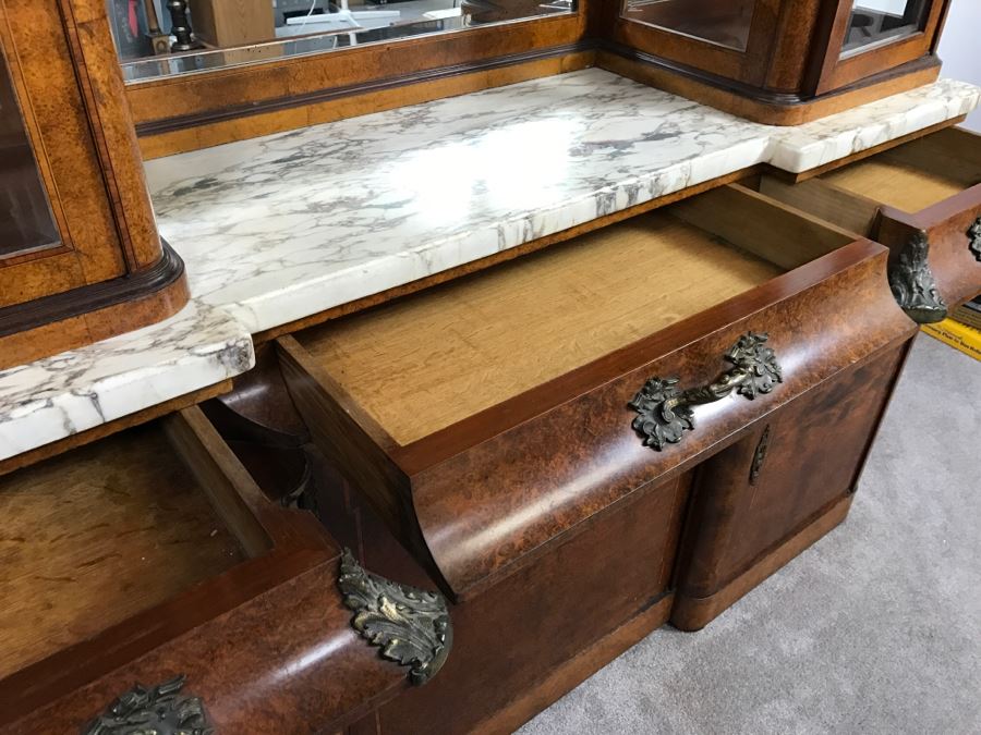 Stunning Antique Cabinet With Marble Top And Hutch - Detailed Wood Inlay And Metal Accents With Skeleton Keys [Photo 19]