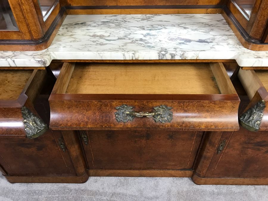 Stunning Antique Cabinet With Marble Top And Hutch - Detailed Wood Inlay And Metal Accents With Skeleton Keys [Photo 18]