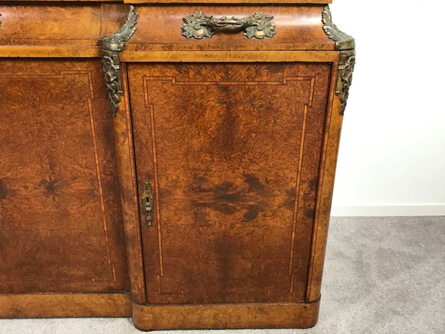 Stunning Antique Cabinet With Marble Top And Hutch - Detailed Wood Inlay And Metal Accents With Skeleton Keys [Photo 9]