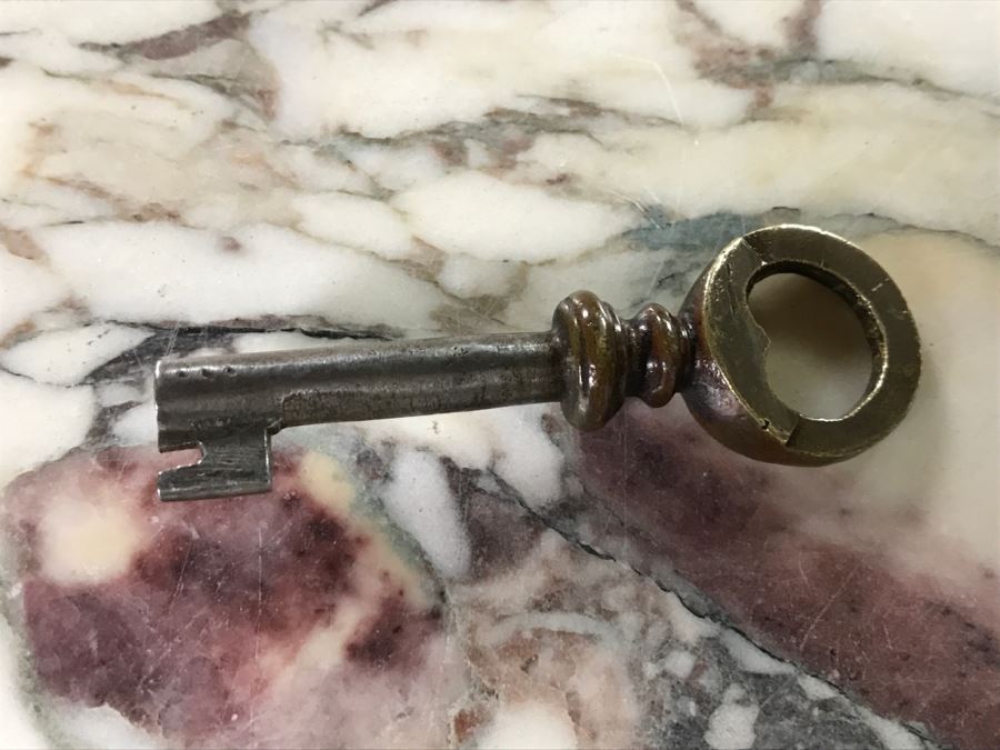 Stunning Antique Cabinet With Marble Top And Hutch - Detailed Wood Inlay And Metal Accents With Skeleton Keys [Photo 24]