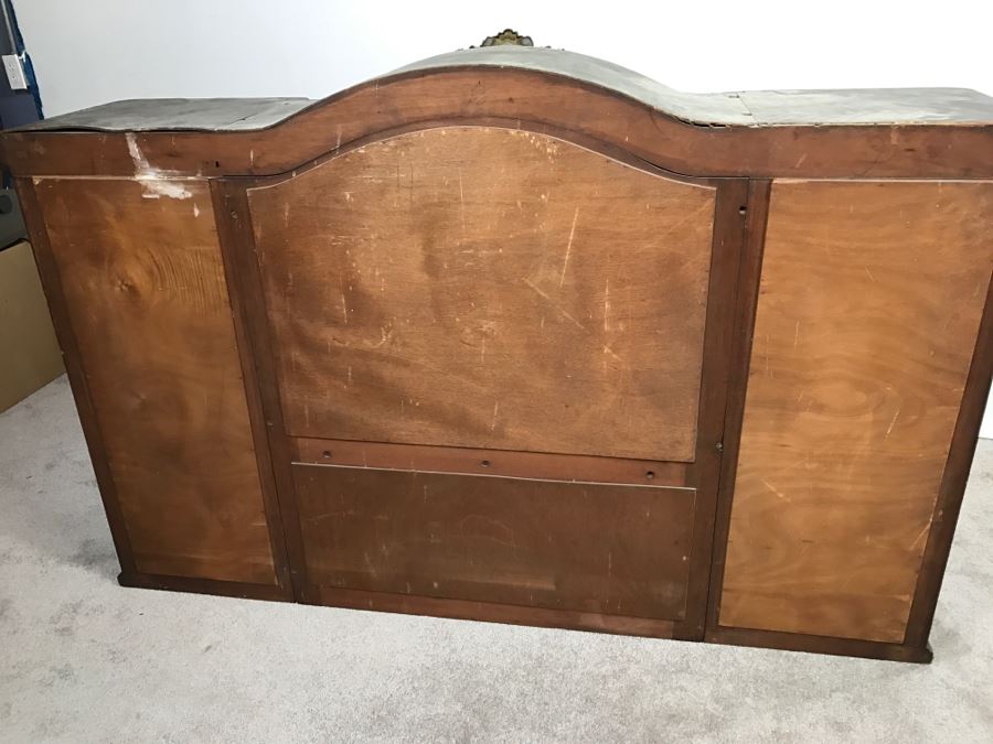 Stunning Antique Cabinet With Marble Top And Hutch - Detailed Wood Inlay And Metal Accents With Skeleton Keys [Photo 30]
