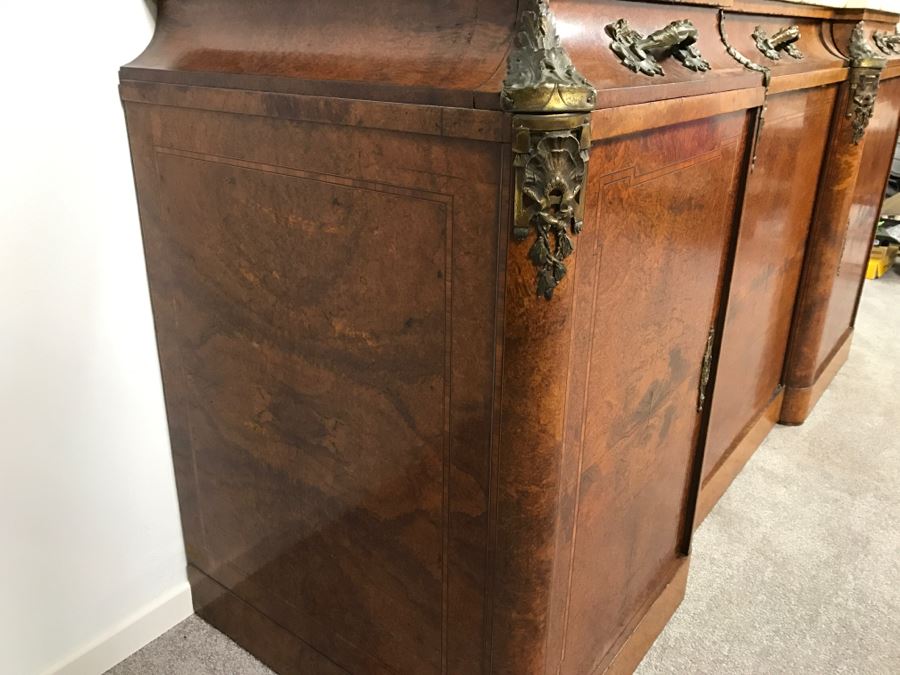 Stunning Antique Cabinet With Marble Top And Hutch - Detailed Wood Inlay And Metal Accents With Skeleton Keys [Photo 28]