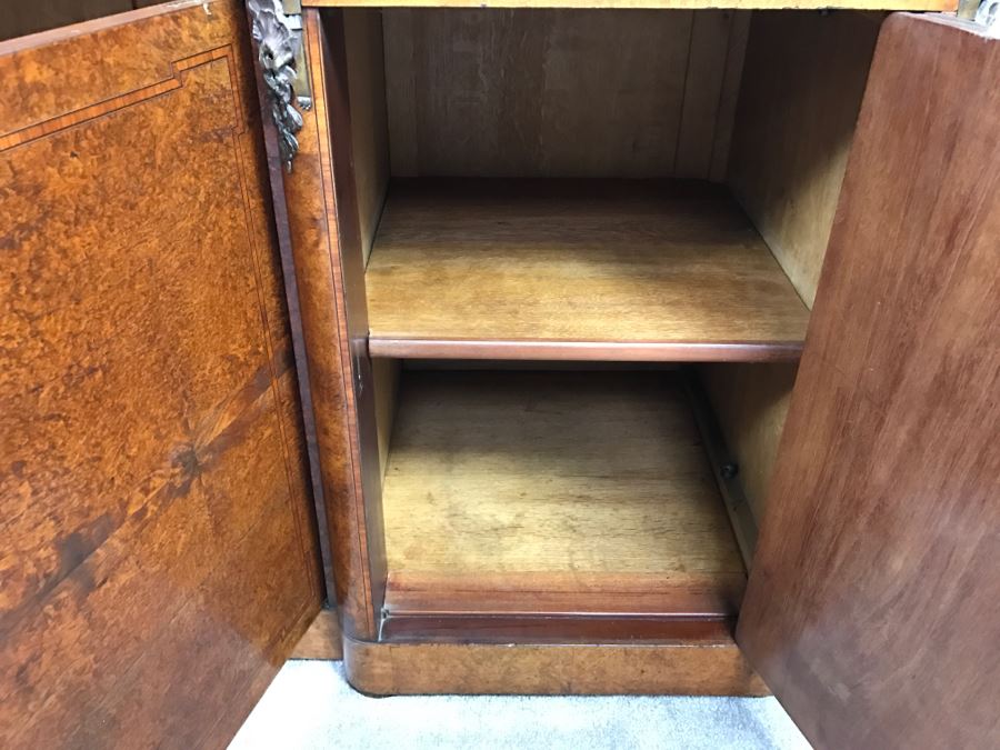 Stunning Antique Cabinet With Marble Top And Hutch - Detailed Wood Inlay And Metal Accents With Skeleton Keys [Photo 26]