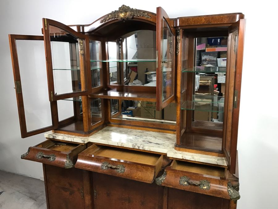 Stunning Antique Cabinet With Marble Top And Hutch - Detailed Wood Inlay And Metal Accents With Skeleton Keys [Photo 21]
