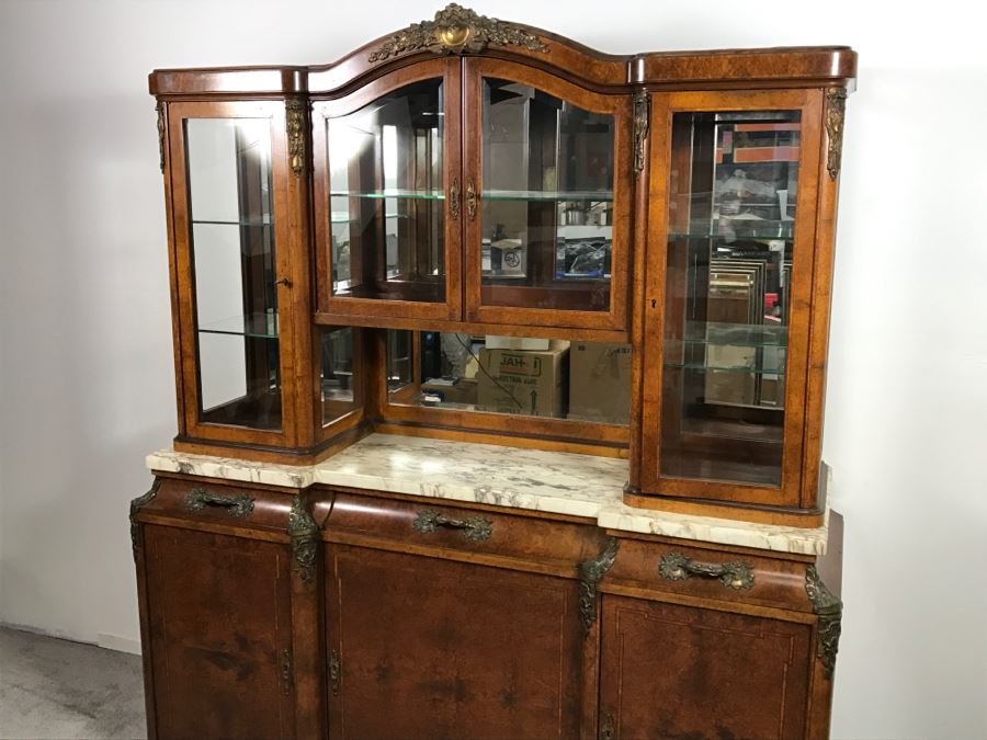 Stunning Antique Cabinet With Marble Top And Hutch - Detailed Wood Inlay And Metal Accents With Skeleton Keys [Photo 6]