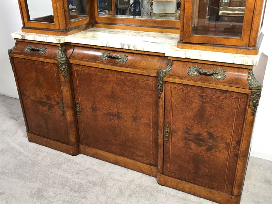 Stunning Antique Cabinet With Marble Top And Hutch - Detailed Wood Inlay And Metal Accents With Skeleton Keys [Photo 7]