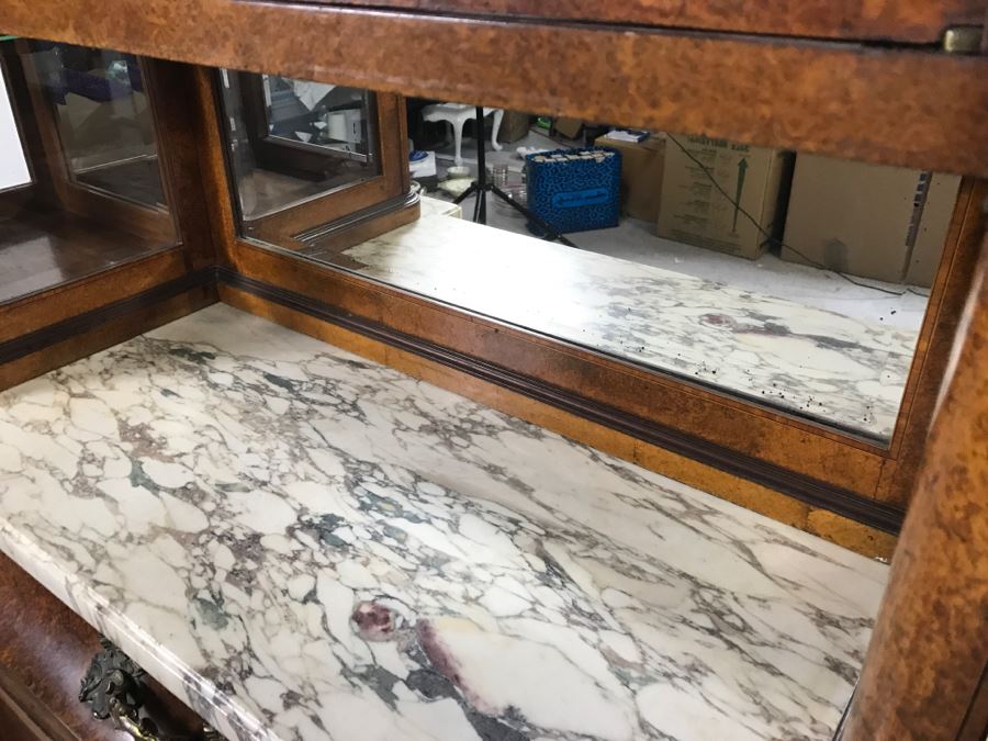 Stunning Antique Cabinet With Marble Top And Hutch - Detailed Wood Inlay And Metal Accents With Skeleton Keys [Photo 14]