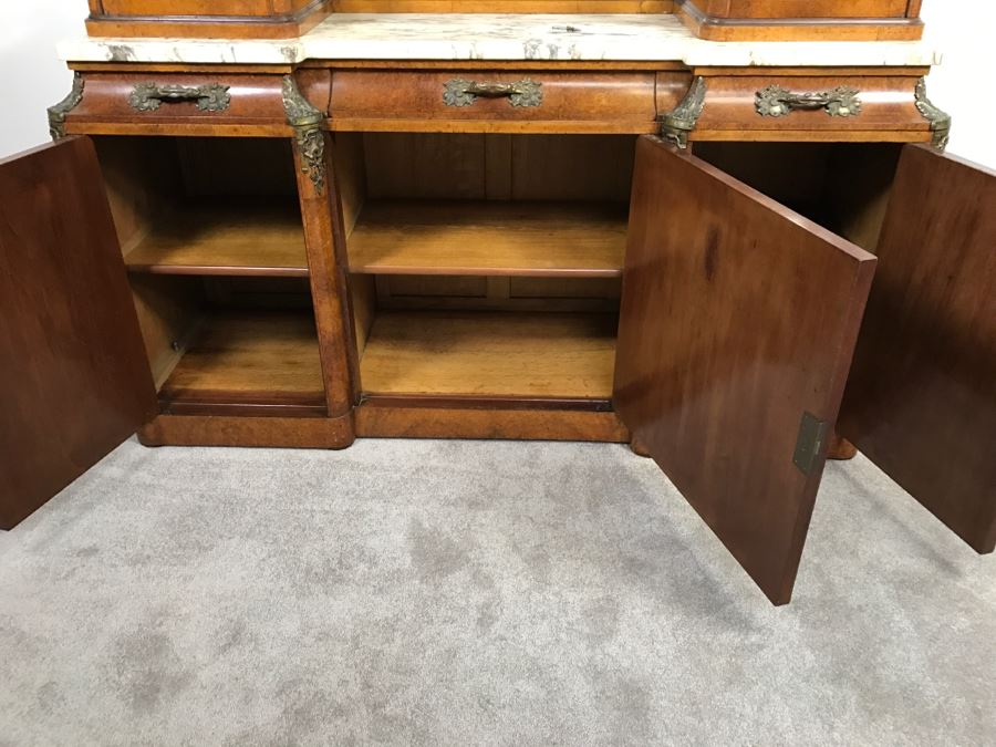 Stunning Antique Cabinet With Marble Top And Hutch - Detailed Wood Inlay And Metal Accents With Skeleton Keys [Photo 25]