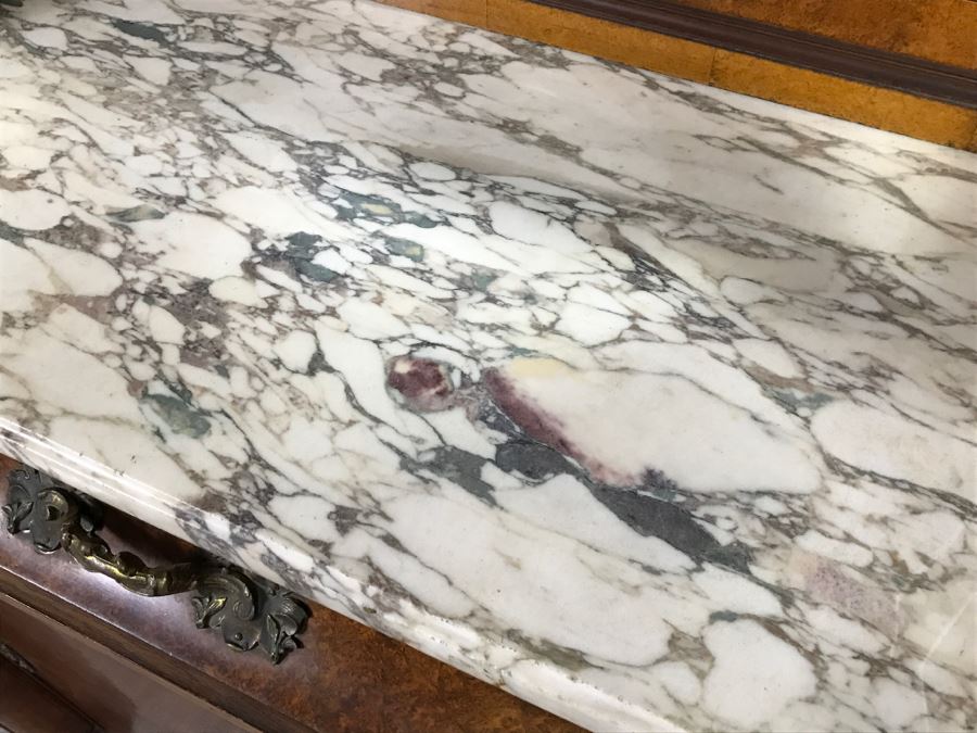 Stunning Antique Cabinet With Marble Top And Hutch - Detailed Wood Inlay And Metal Accents With Skeleton Keys [Photo 12]